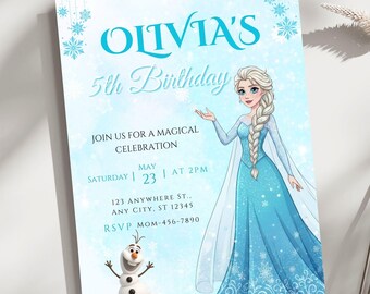 Frozen prinses verjaardagsuitnodiging bewerkbare canvassjabloon | Winter Wonderland-uitnodiging | Mobiele uitnodigings- en bedankkaart