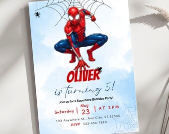 Verjaardagsuitnodiging superheld | Uitnodiging voor feestje Spiderey | Bewerkbare canva-sjabloon (digitale download)
