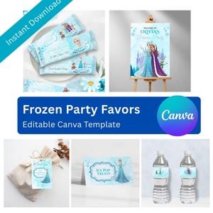 Puede incluir: Un collage de recuerdos de fiesta con tem&aacute;tica de Frozen. Incluye envoltorios de barras de caramelo, un letrero de bienvenida en un caballete, una bolsa de regalo con una etiqueta, una tarjeta de golosinas de helado y etiquetas para botellas de agua.