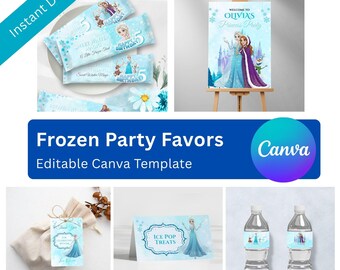 Bundel Frozen Feestartikelen | Bewerkbare canvassjabloon voor verjaardagsdecoraties, waterflesetiketten en meer! (Directe download)
