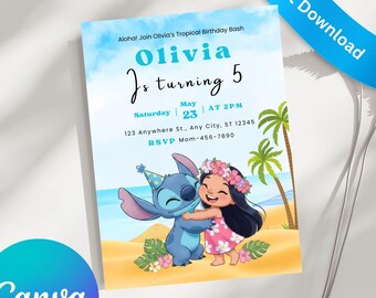 Lilo and Stitch Birthday Invitation Editable Canva Template | Beach Party Invite | Phone Invite & Thank You Card