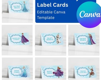 Frozen Princess Food-tentkaarten bewerkbare canvassjabloon | Voedseletiketten Winter Wonderland-verjaardag | Afdrukbaar decor voor kinderfeestjes