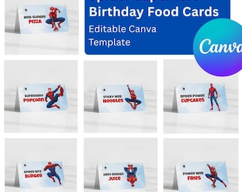 Spin superheld verjaardag eten tentkaarten | Bewerkbare canva-sjabloon (digitale download) en gratis bedankkaart
