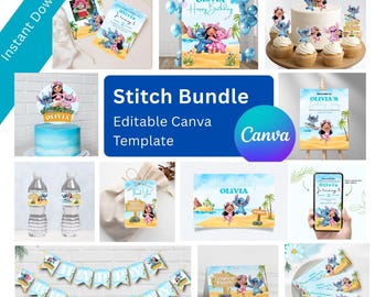 Tropical Stitch Birthday Invitation Bundle Editable Canva Template | Pool Party Decorations | Personalized Kids Party Decor