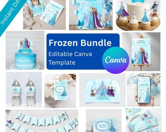 Frozen Princess verjaardagsuitnodiging bundel bewerkbare canvassjabloon | Winter Wonderland-feestdecoraties | Afdrukbare verjaardagsbundel