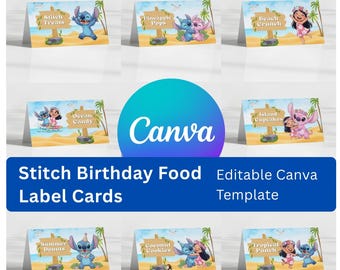 Lilo and Stitch Inspired Food Tent Cards Editable Canva Template | Food Labels (Digital Download) | Free Thank You Tag