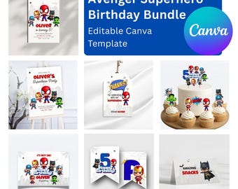 Bewerkbare bundel verjaardagsuitnodiging superheld | Canva-sjabloon direct downloaden | Decor kinderfeestje Avengers-thema