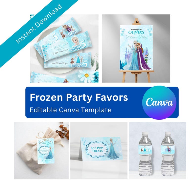 Puede incluir: Un collage de recuerdos de fiesta con tem&aacute;tica de Frozen. Incluye envoltorios de barras de caramelo, un letrero de bienvenida en un caballete, una bolsa de regalo con una etiqueta, una tarjeta de golosinas de helado y etiquetas para botellas de agua.