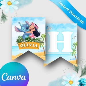 May include: A banner set with a beach theme, featuring the characters Stitch and a girl with a floral crown. The banner reads "Happy Birthday OLIVIA" on a wooden sign. The second banner has a large white "H" against a beach backdrop.