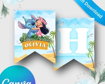 Lilo and stitch birthday banner Editable Canva Template | Happy birthday party Favors | instant download