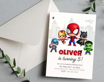 Avengers superheld verjaardagsuitnodiging | Gratis mobiele uitnodigings- en bedankkaart | Bewerkbare canvassjabloon (digitale download) voor kinderfeestje