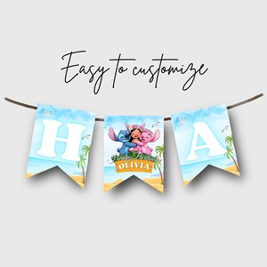 May include: A banner with three pennants strung on a brown string. The pennants are light blue with white letters spelling "HA". The center pennant features a cartoon image of two characters with the text "Happy Birthday Olivia". The words "Easy to customize" are written above the banner.
