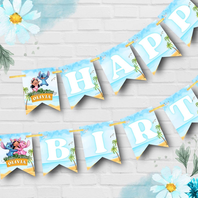 May include: A blue and white banner with the words "HAPPY BIRTHDAY OLIVIA" printed on it. The banner features a beach scene with palm trees and cartoon characters. The banner is strung with gold string.