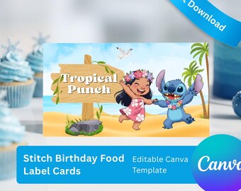 Lilo and Stitch Inspired Food Tent Cards Editable Canva Template | Editable Food Labels | Free Thank You Tag