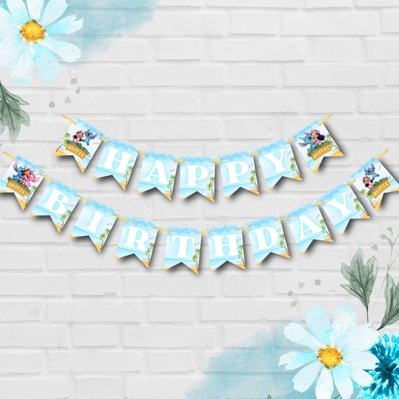 May include: A blue and white banner with the words "HAPPY BIRTHDAY" in white letters. The banner has a tropical theme with images of Stitch and palm trees. The banner is strung on a gold string and is perfect for a birthday party.