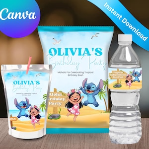 May include: A party favor set featuring a juice pouch, a snack bag, and a water bottle, all decorated with a tropical theme. The labels display the text Olivia's Birthday Party, Mahalo For Celebrating Tropical Birthday Bash, and Tropical Refreshments Stay Cool, alongside illustrations of a girl and a blue alien character on a sandy beach.