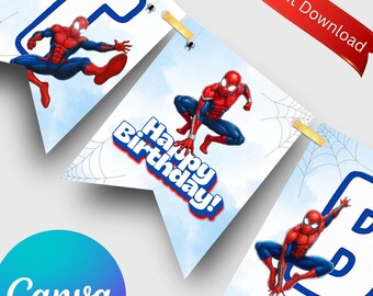 Hangvlaggen superheldspin, vlaggenslingers Happy Birthday Decorations - bewerkbare canvas verjaardagsbanner, perfect als decor voor kinderfeestjes