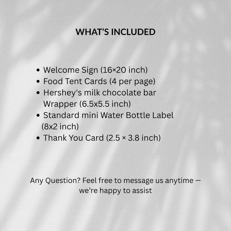 Puede incluir: Una lista de art&iacute;culos incluidos se muestra sobre un fondo blanco. El texto "WHAT'S INCLUDED" est&aacute; en la parte superior. La lista incluye un letrero de bienvenida, tarjetas de carpa de comida, envoltorio de barra de chocolate Hershey, etiqueta de botella de agua y tarjeta de agradecimiento.