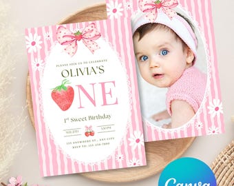Berry First Birthday Invitation, Pink Coquette Strawberry Sweet One Editable Canva Template (Digital Download)