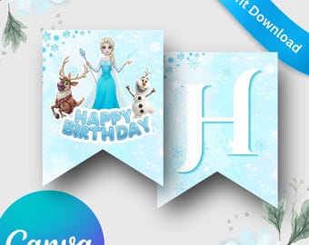 Frozen prinses verjaardag banner bewerkbare canvassjabloon | Winter Wonderland hangende vlaggenlijnen | Afdrukbare feestdecoratie