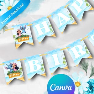 May include: A banner with pennants spelling "HAPPY BIRTHDAY OLIVIA". Each pennant features a beach scene with palm trees and the characters Stitch and Lilo. The banner is decorated with a blue and white watercolor background.