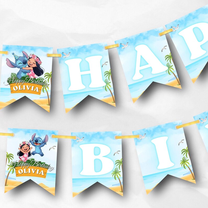 May include: A banner with blue, white, and yellow pennants. The pennants spell out "HAPPY BIRTHDAY OLIVIA" with a beach theme. Each pennant has a gold bar at the top for hanging. The banner features cartoon characters and palm trees.
