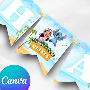 May include: A colorful birthday banner with a beach theme. The banner features the words "Happy Birthday Olivia" with cartoon characters and palm trees. The letters "H" and "A" are visible. The background is a blue sky and ocean.