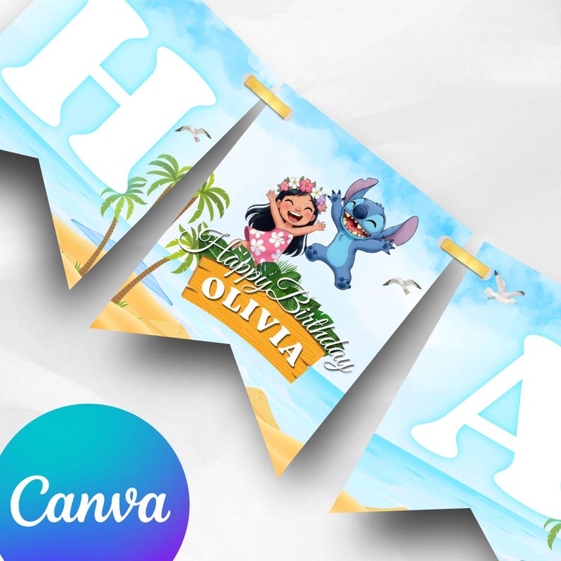 May include: A colorful birthday banner with a beach theme. The banner features the words "Happy Birthday Olivia" with cartoon characters and palm trees. The letters "H" and "A" are visible. The background is a blue sky and ocean.