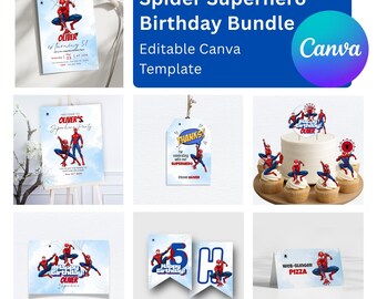Bundel verjaardagsuitnodiging spin superheld | Bewerkbare canvassjabloon voor kinderfeestdecor (direct downloaden)