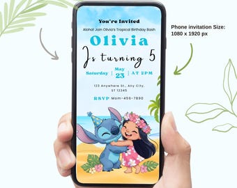 Stitch Mobile Birthday Invitation Editable Canva Template | Hawaiian Pool Party Phone Invite and Thank You Card