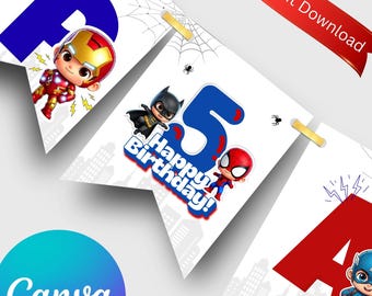 Avengers verjaardagsbanner - aanpasbare superheldengors vlaggen - bewerkbare canva-sjabloon direct downloaden