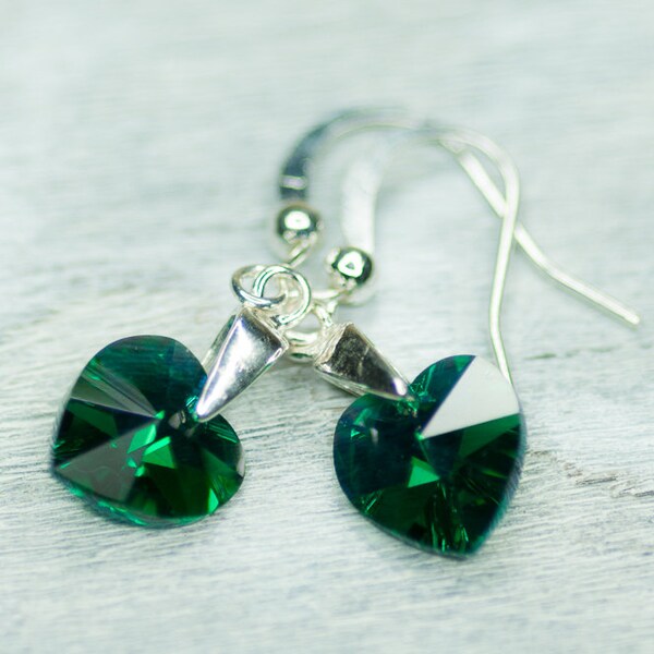 Swarovski Earrings, Small Heart Valentine Emerald Green Earrings, Romantic Jewelry, Swarovski Jewelry, Small Green Earrings