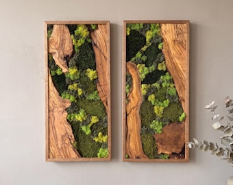 Olive Wood Moss Wall Art Diptych, Preserved Greenery Decor, Woodland Panels, Farmhouse Living Room Accent Gift, Artwork with a natural frame