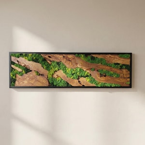 May include: Rectangular wall art featuring a natural design. The artwork combines sections of light brown wood with green moss, all set within a black frame. The wood has a unique grain pattern, and the moss adds a vibrant contrast.