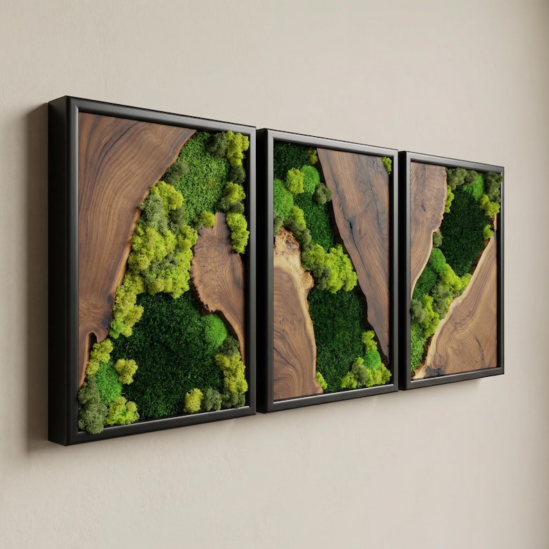 Moss Wall Art Olive Wood Decor, Preserved Greenery Panel, Natural Woodland Sculpture, Rustic Farmhouse Living Room Gift image 2