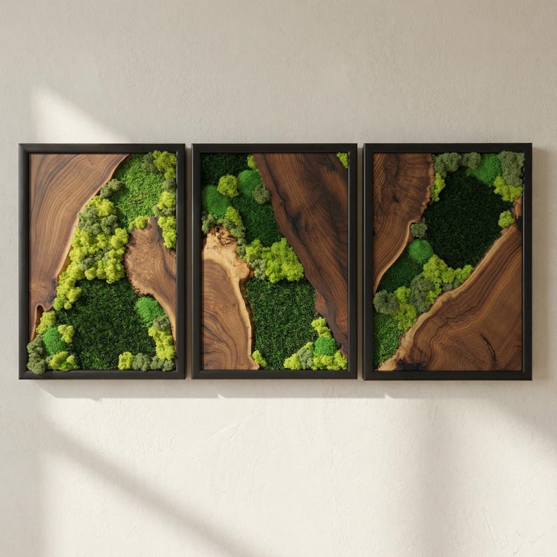 Moss Wall Art Olive Wood Decor, Preserved Greenery Panel, Natural Woodland Sculpture, Rustic Farmhouse Living Room Gift image 1