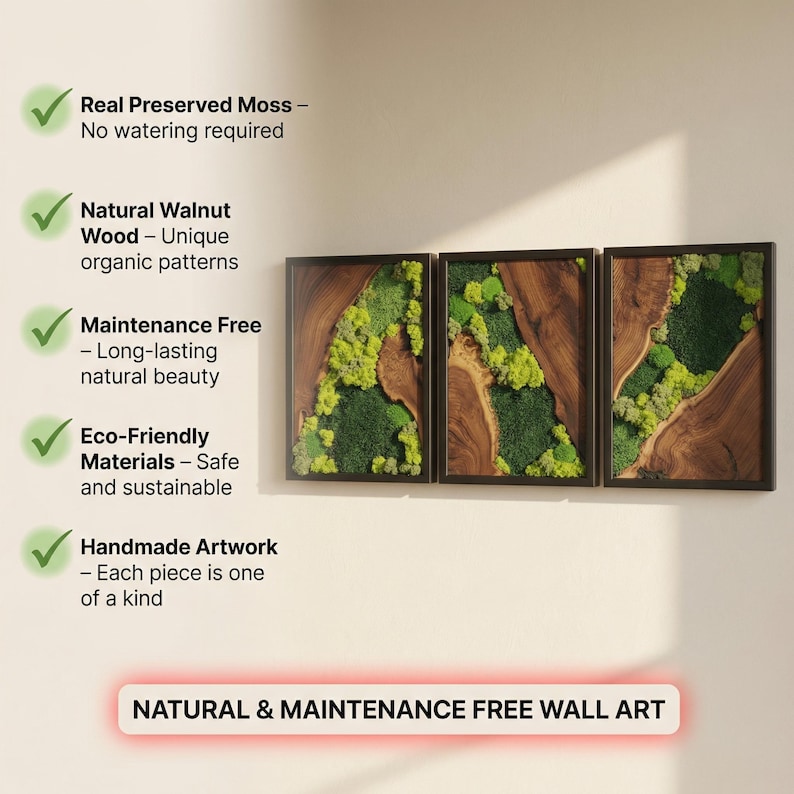May include: Three framed wall art pieces featuring preserved moss and natural walnut wood. The artwork is maintenance-free and eco-friendly. The text on the image reads "NATURAL & MAINTENANCE FREE WALL ART."