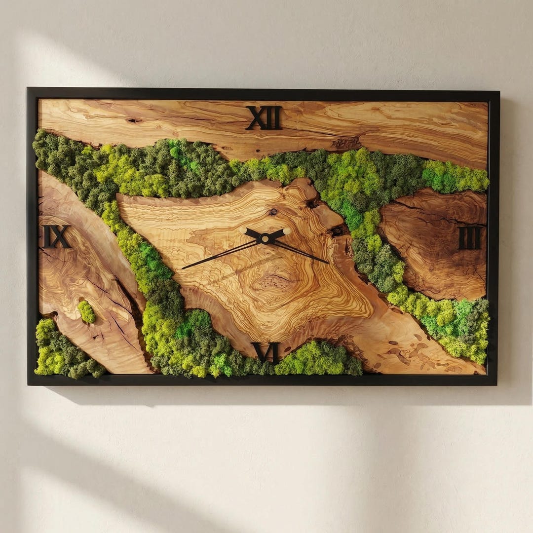 Olive Wood Clock With Preserved Moss Wall Art, Natural Handmade Green ...
