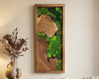 Preserved Moss Wall Art, Natural Wood Frame, Green Wall Decor