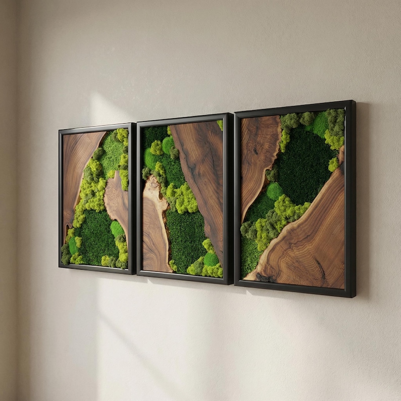Moss Wall Art Olive Wood Decor, Preserved Greenery Panel, Natural Woodland Sculpture, Rustic Farmhouse Living Room Gift image 3