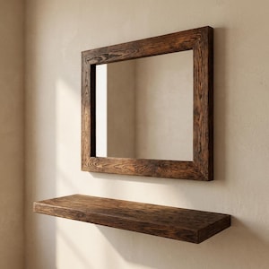 May include: A rectangular wall mirror with a thick, dark brown wooden frame featuring a prominent natural wood grain texture, paired with a matching rectangular floating wall shelf mounted directly below the mirror on the wall.