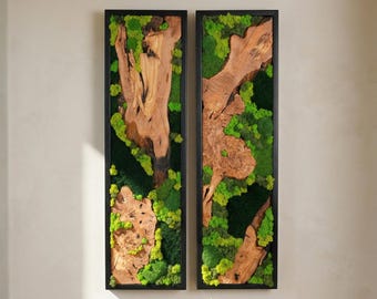 Moss & Wood Wall Art, Unique Custom Made Olive Wood And Moss Wall Decor, Rustic Greenery Decor, Handmade Moss Wall Art with Natural Wood
