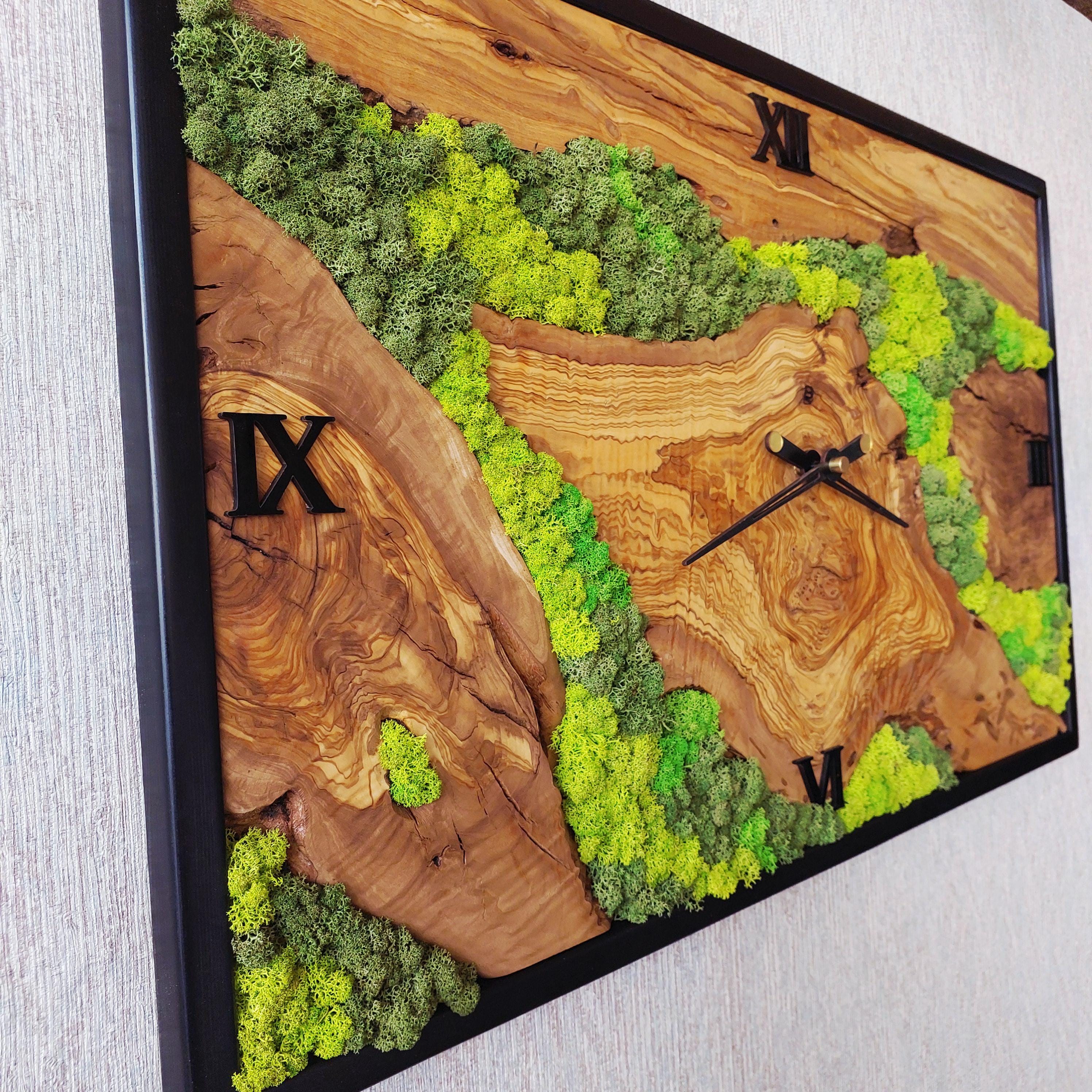 Olive Wood Clock With Preserved Moss Wall Art, Natural Handmade Green ...