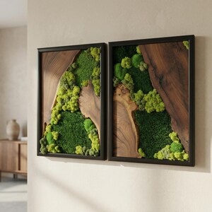 May include: Two framed wall art pieces. Each features a dark wood frame, a section of natural wood, and a vibrant display of green moss. The moss varies in shades, creating a textured, natural aesthetic. The artwork is mounted on a neutral-colored wall.