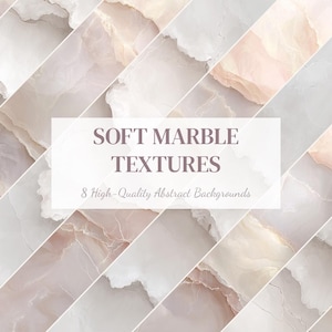 以下が含まれることがあります： ベージュ、ピンク、グレーのソフトなニュートラルカラーの対角線状の大理石のテクスチャパターンが特徴の抽象的な背景画像。「SOFT MARBLE TEXTURES」と「8 High-Quality Abstract Backgrounds」というテキストオーバーレイ。