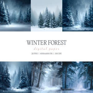 May include: A digital paper design depicting a winter forest scene. The image shows several panels of snow-covered evergreen trees in a misty, blue-toned environment. The text "WINTER FOREST digital paper" is displayed.