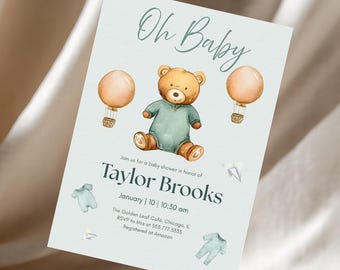 Woodland Baby Shower Invitation Template, Editable Forest Animals Invite, Gender Neutral Printable, Canva, Instant Download