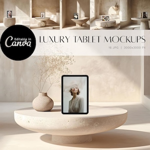 May include: A digital tablet displaying a fashion image, placed on a round, beige concrete table. The image is part of a collection of luxury tablet mockups, with the text "Editable in Canva" and "LUXURY TABLET MOCKUPS".