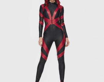 Röd och svart djävulsk Catsuit – Sexig Halloween-kostym med horn