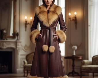 Handmade Genuine Leather Shearling Long Coat, Full-Length Winter Coat with Fur Trim, Warm Winter Trench Coat, Vintage Style Fur Long Coat